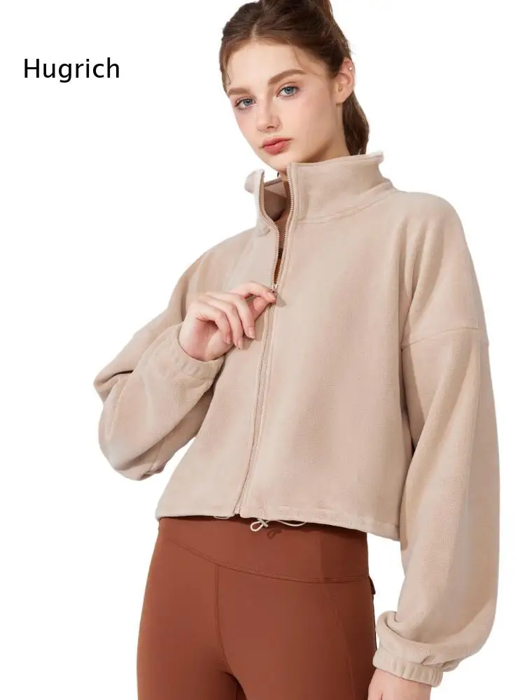 Stand Collar Zip Up Cropped Fleece Jacket Women Long Sleeve Drawstring Hem Loose Outer Coat For Street Wear And Morning Workout