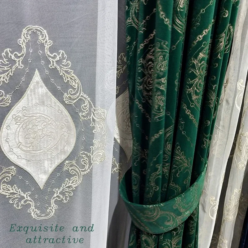 American Retro Baroque Dark Green Flannelette Gilding Jacquard Curtains For Living Room Bedroom French Window Finished Products