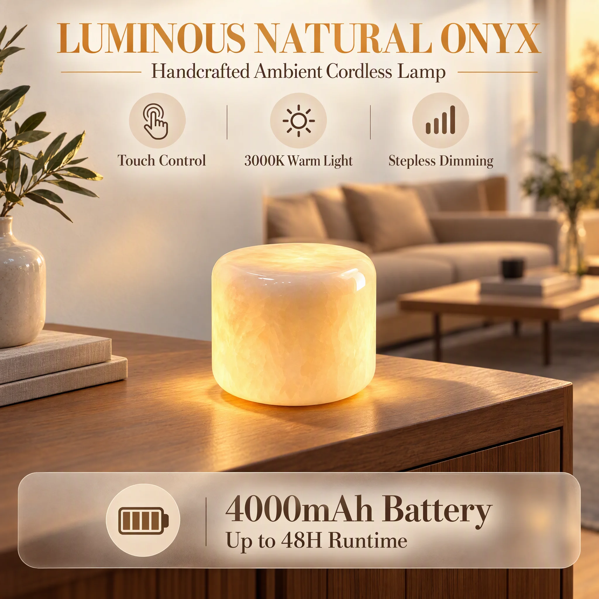 Handmade Natural Onyx Table Lamp,Wireless Portable Touch Lamp,3000K Eye-caring Warm Light for Bedroom Dining Room Decoration