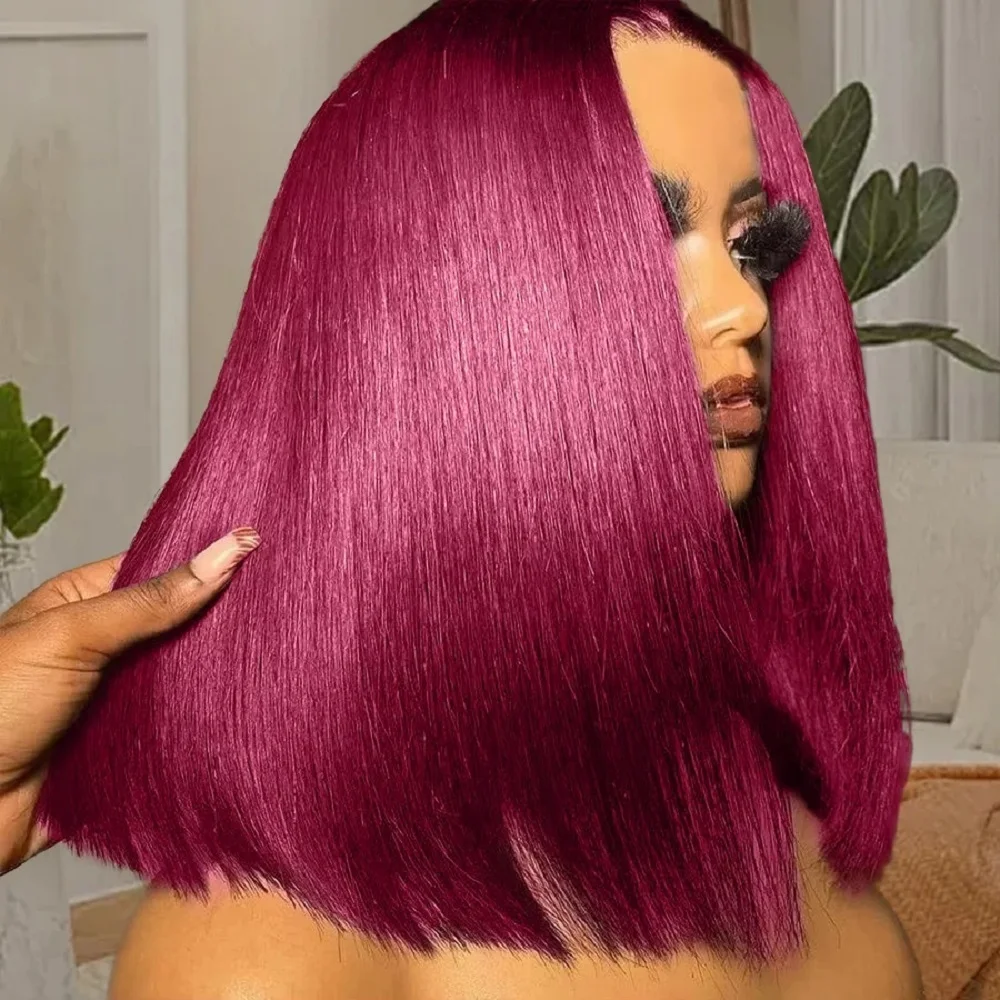 Perruques Courtes Droites Bob en Cheveux Humains Rouge Bordeaux 99J Densité 200 pour Femmes, Perruques Frontales en Dentelle HD 13x4 de 8 à 14 Pouces
