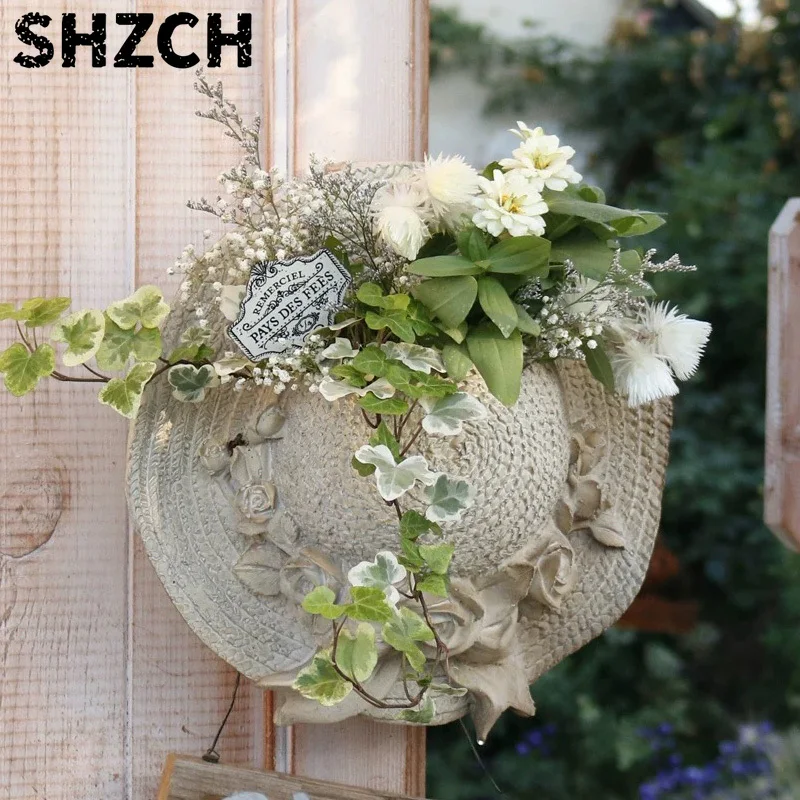 Vintage Decorative Resin Straw Hat Wall Planter, Cream White with Rose Details, 12 x 30 cm, French Country Style Garden Decor