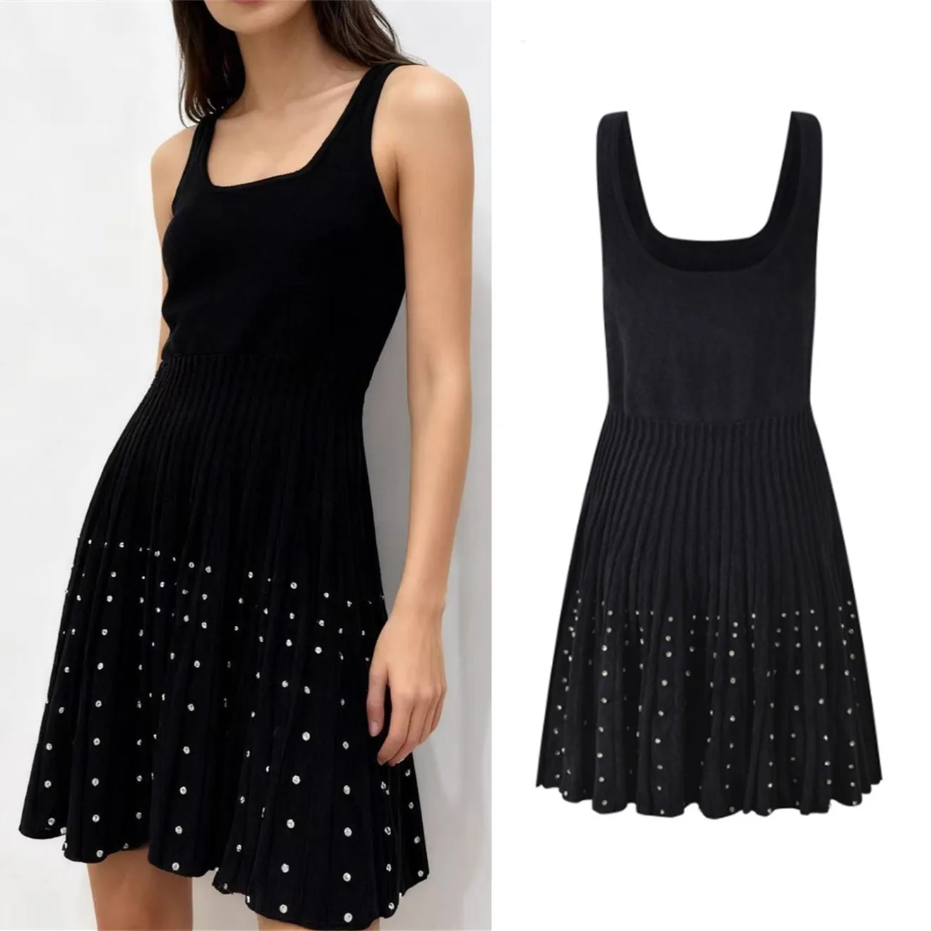 

High-End Version Bla Folded Heavy Drill Decorated Vest Dr U-Ne French Sle A-Line Skirt Fabric Ciwalk Dr for Ladies