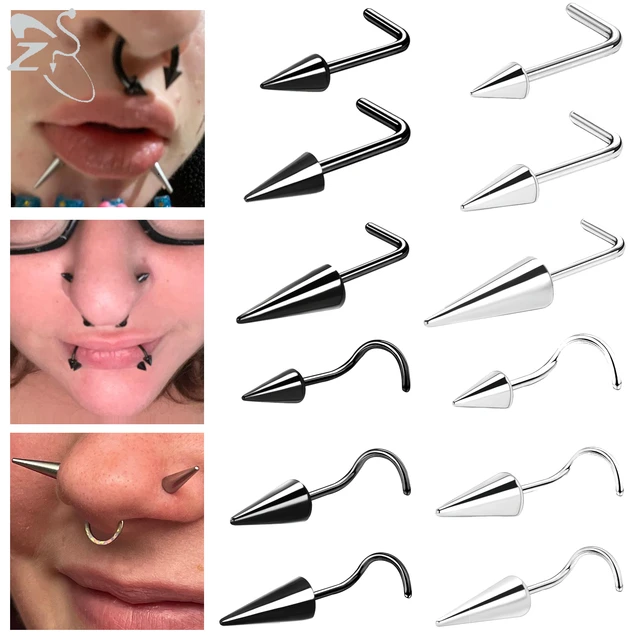ZS 1PC 20G Spike Nose Ring Stainless steel Nose Stud Black Color Cone Nostril Piercing L Shaped Seputm Nose Hole Body Piercings