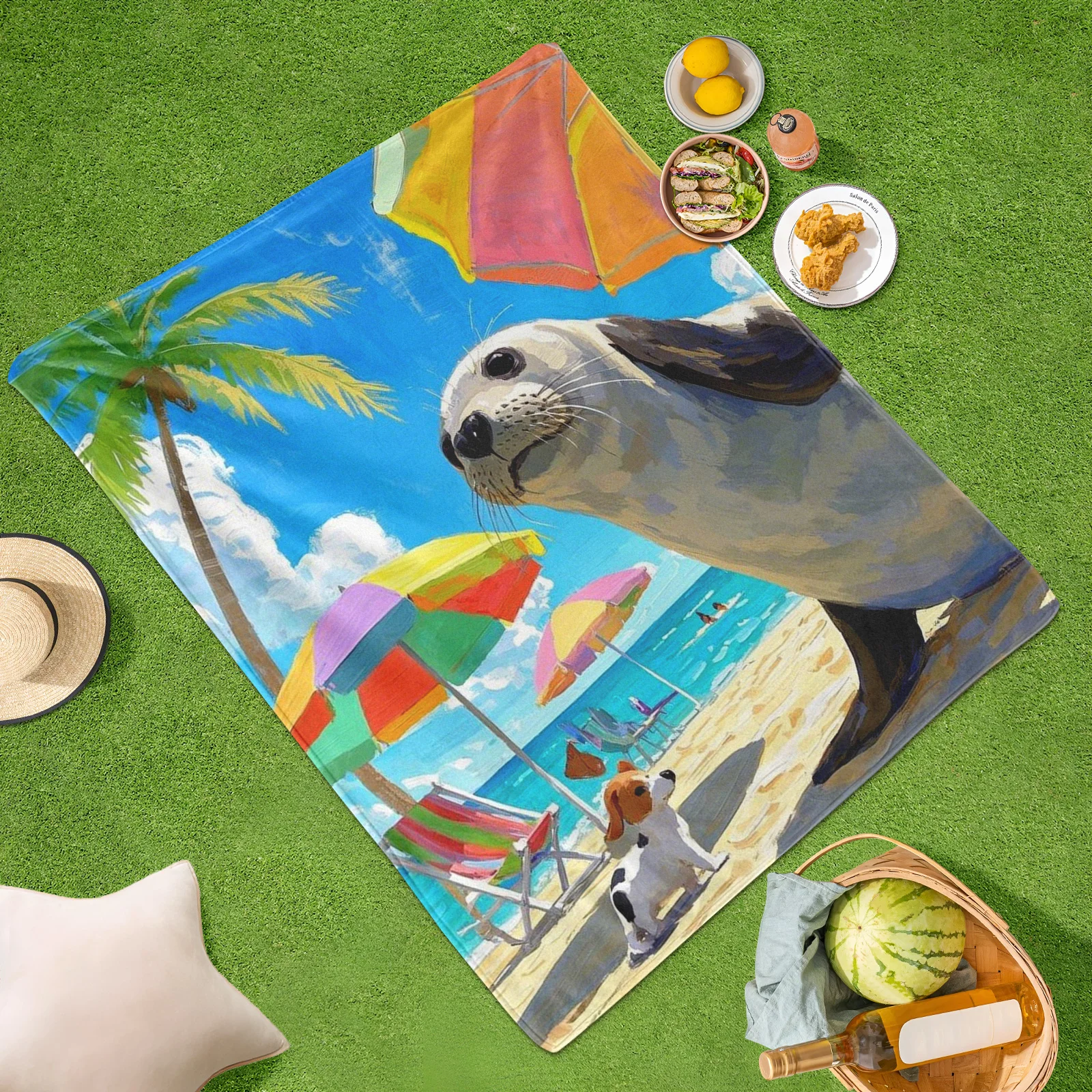 Seal Beach Scene With Umbrella Palm Trees Ocean And Puppy Design Outdoor Blanket For Coastal Adventures And Pet Friendly Outings