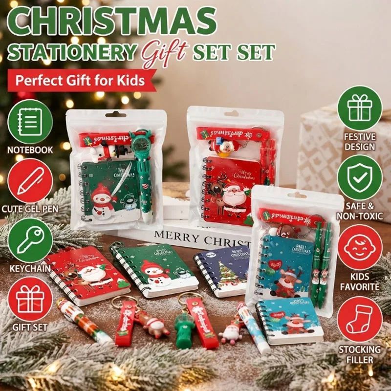 Complete Christmas Stationery Set with Notebook, Pen, and Keychain, Great for Student Exam Prize, Holiday Gift, and Office Use.