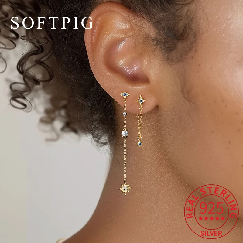

SOFTPIG 1 Pcs Real 925 Sterling Silver Star Moon Zircon Tassels Stud Earrings for Women Trendy Fine Jewelry 18K Gold Accessories