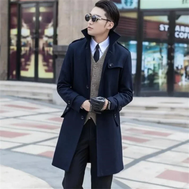 Korean Middle-Aged Woolen Coat Men Young Long Fitting Single Breasted Black Casual Winter Gabardina De Hombres Grey Blue