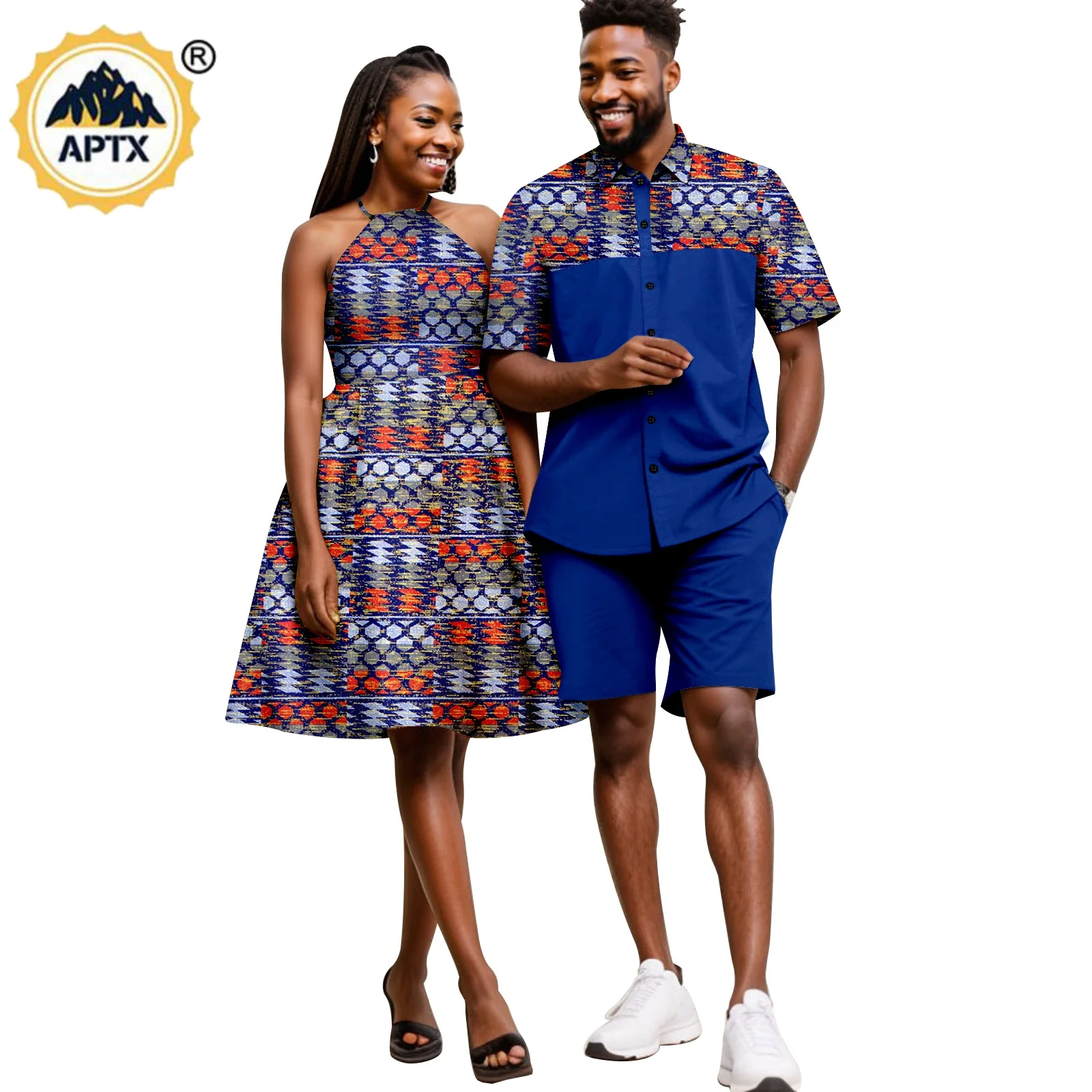 Summer African Sexy Halter Dresses for Women Matching Men Outfits Top Shirt and Short Pant Sets Bazin Couple Clothes 24C028