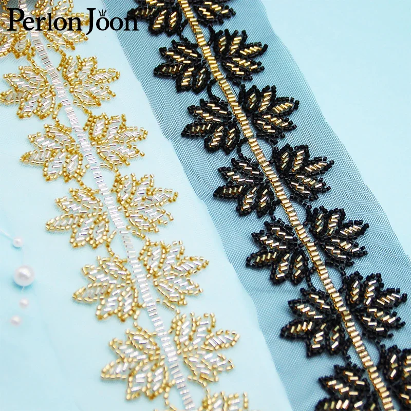 5 Yards Lotus Shape Black Gold Glass Beaded Imitation Handmade Mesh Lace Trim DIY Sew Decorated for Clothing Coat Dress HB080