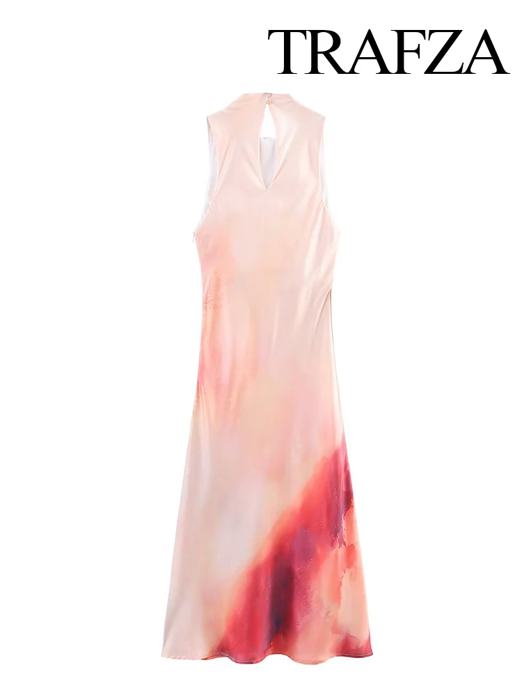 Hh feminino 2025 nova moda em torno do pescoço tie dye seda cetim textura midi vestido feminino elegante simples banquete sem mangas vestido