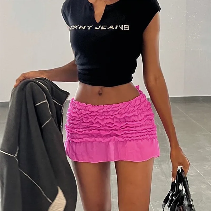 SKMY Y2k Clothes Women 2023 Summer New Fashion Wave Ruched High Waist Wrapped Hip Mini Skirt Solid Color Night Club Outfit