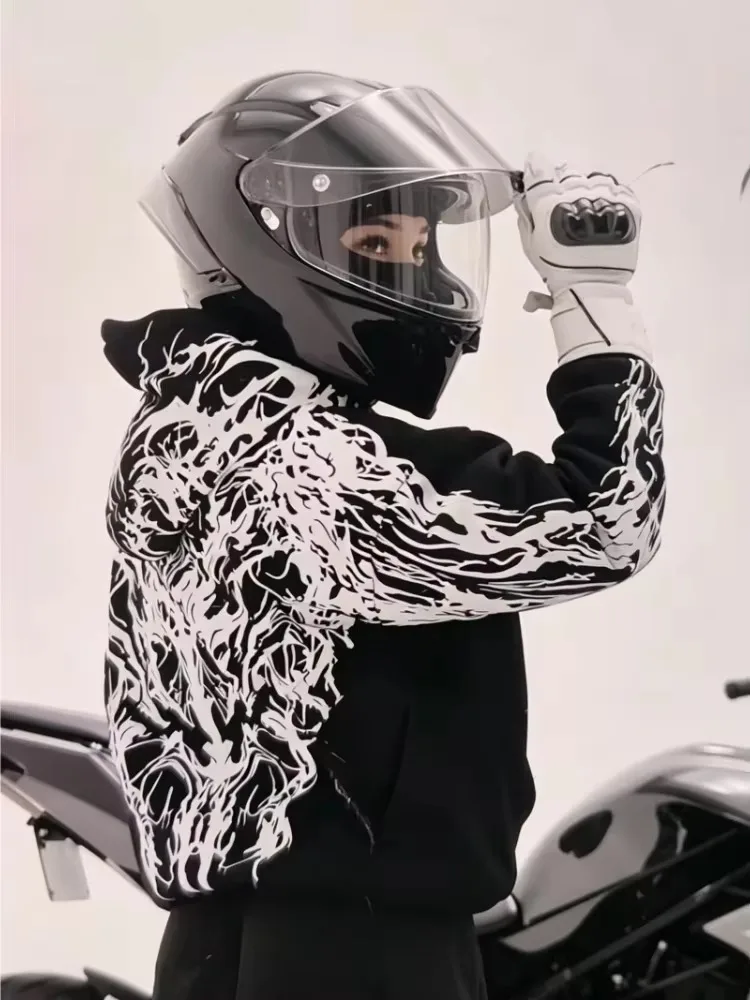Reflektierender Hoodie im Street-Stil für Herren, Y2k-Stil, Gothic, langärmelig, Pullover, Kapuzenpullover, lockerer Schnitt, Motorradfahrer, für Ausflüge in der Nacht, Neu – Detail 7
