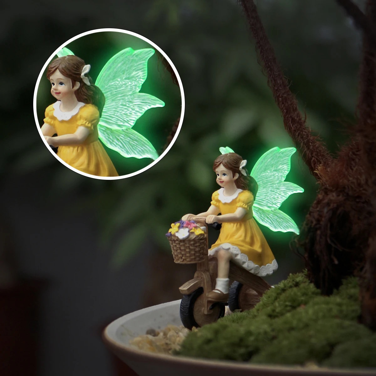 Fluoreszierende Geflügelte Fahrradfahren-Blumenfee, Garten-Deko-Bonsai-Statue für Draußen, Familiengeschenk