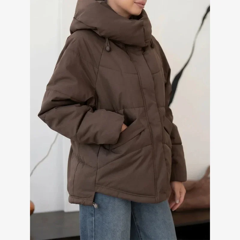 Dark Brown Hooded Padded Outerwear Minimalist Drawstring Long Sleeve Loose Coat 2026 Winter New Daily Outdoor Casual Jackets