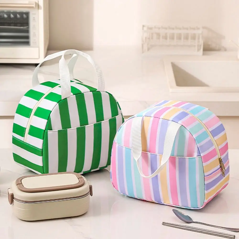 Casual Striped Insulated Lunch Bag Leakproof Reusable Food Thermal Box Large Capacity with Handle Travel Toiletry Bag Outdoor