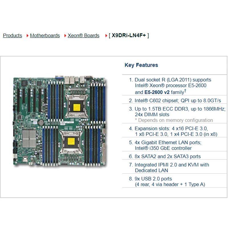 2-Way Server E-ATX Motherboard 2011 C602 DDR3 Xeon Processor E5-2600 E5-2600 v2 Family† X9DRi-LN4F+ 