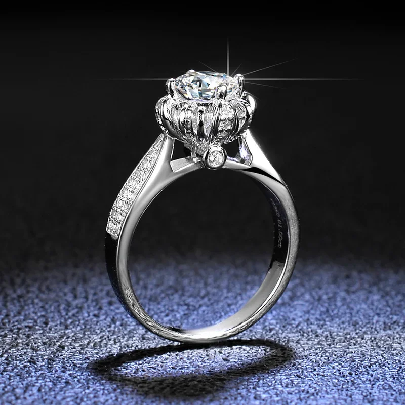 9999 Gold Women's 1 Carat Moissanite Ring - PT950 Platinum 4-Prong Round Flower Head Cluster Setting, Diamond-Enhancing Luxur