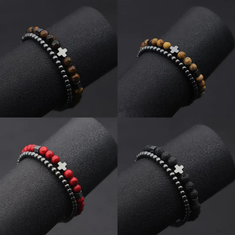 Stilvolles 2-teiliges Herren-Armband-Set, natürliches Kreuz, Hämatit-Stein, Heilarmband, 4 mm, 6 mm, Tigeraugen, Lava, roter Howlith, Strang-Armband