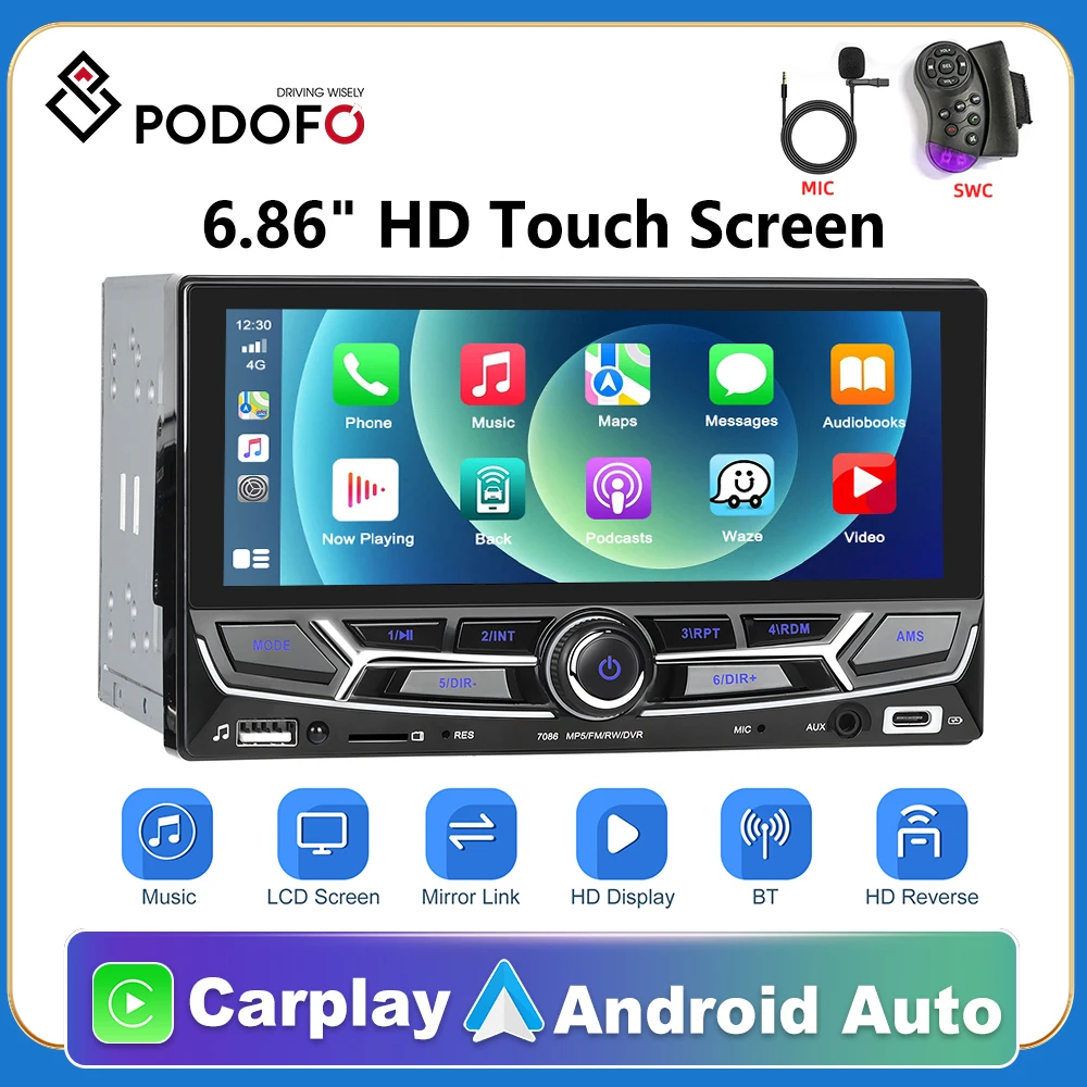 

Podofo 2din Carplay Android auto Radio Touch Screen Monitor 6.86" Universal Car mp5 Player with BT FM Radio Receiver