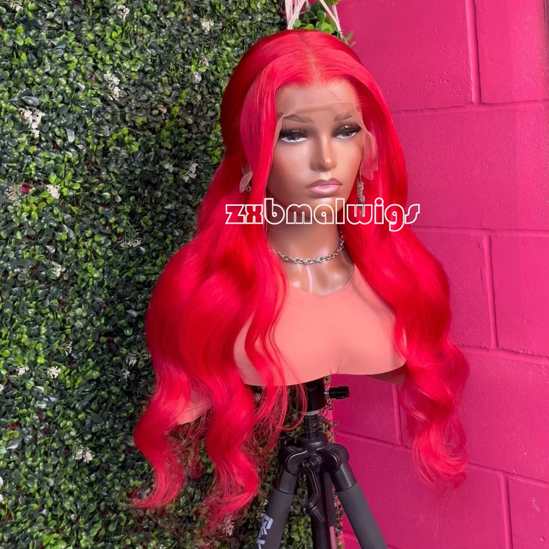 Synthetic Hair Red Body Wave Glueless 13X4  Lace Front Wig For Women Preplucked 26 Inch Long  Heat Temperature Daily Cosplay