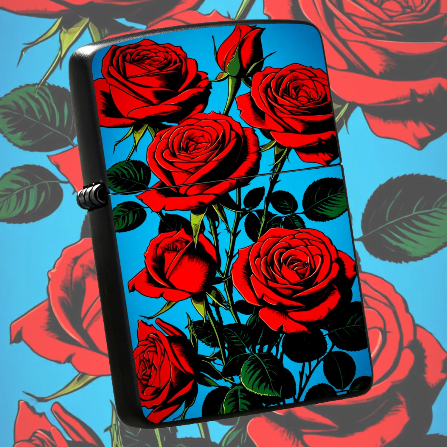 Stylish Red Rose Bright Blue Art Printed Lighter, Exquisite Retro Aesthetic Portable Accessory, Ideal For Daily Carrying, Dating Gathering, Holiday Gifting, Multipurpose Practical Item For All Scenarios, Durable Delicate Pattern Decorative