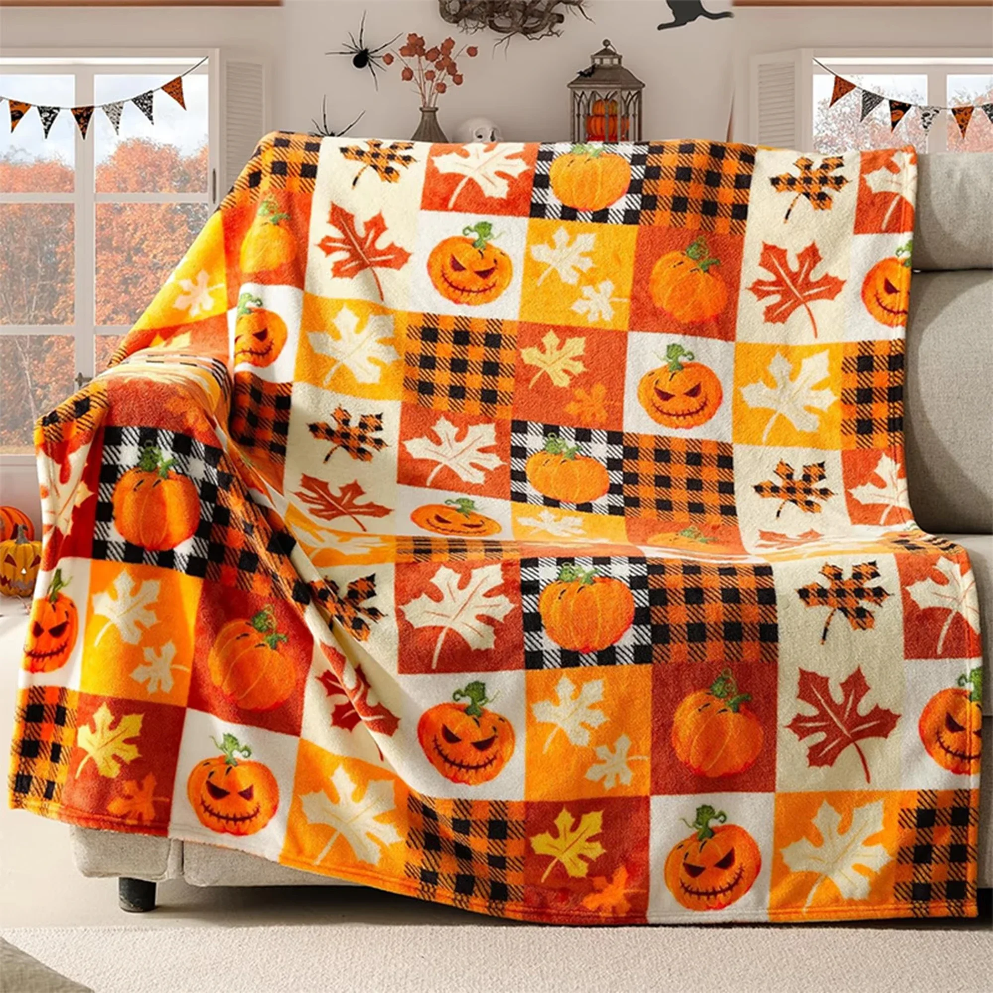 

Pumpkin Plaid Throw Blanket with Maple Leaf Pattern Soft Warm for All Seasons Perfect for Halloween Thanksgiving Fall Decor