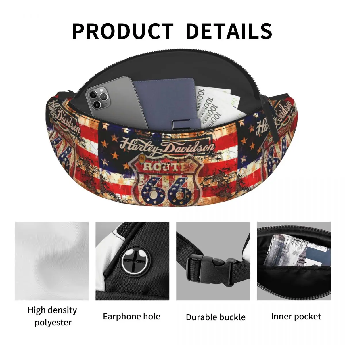 Mode Amerikaanse Vlag Route 66 Fanny Pack Mannen Vrouwen Vintage Crossbody Heuptas Voor Reizende Telefoon Geld Etui