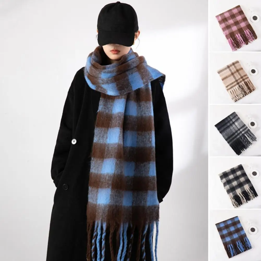 

Women Scarf Autumn Winter Fluffy Scarf Plaid Print Long Shawl Thickened Warm Shawl Elegant Tassels Coldproof Long Scarf