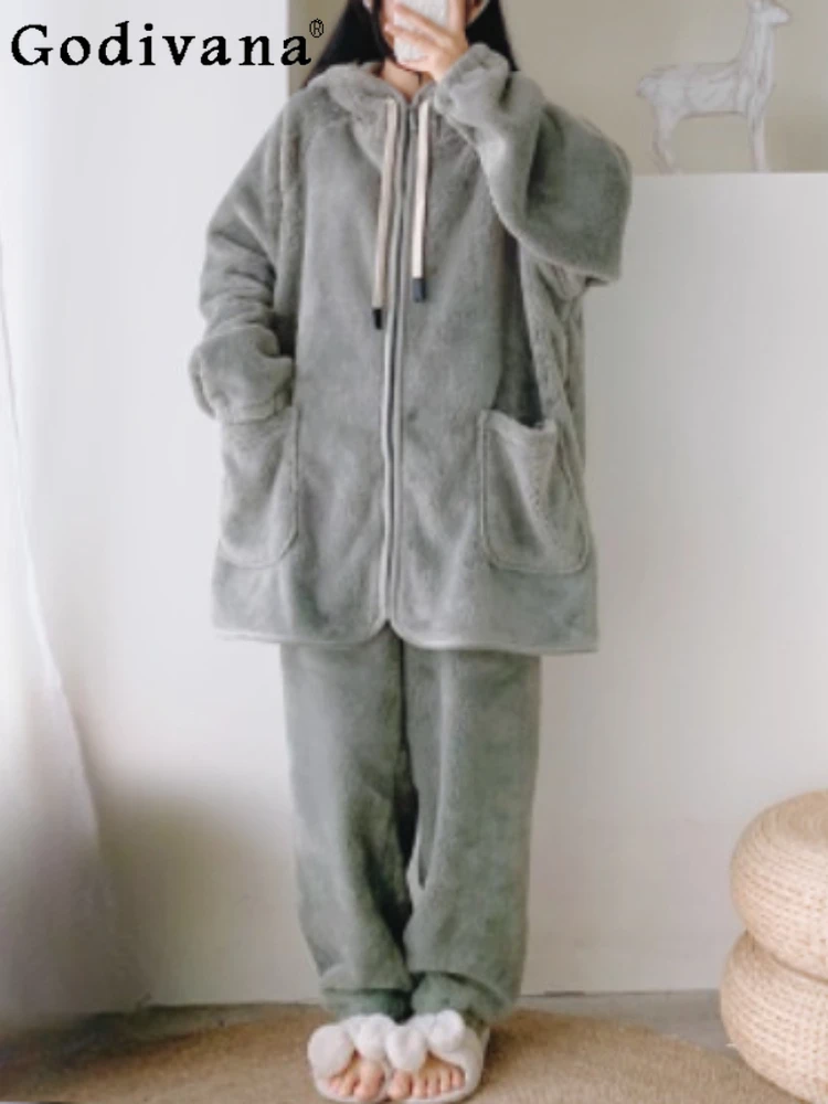 

Winter Large Size Thickened Zipper Hooded Flannel Pajamas Loose Simple Comfortable Warm Elastic Waist Trousers Loungewear Sets