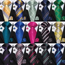 Hi-Tie Mens Gift Tie Set Blue Checks Plaids Silk Wedding For Men Fashion Design Quality Hanky Cufflink Dropshipping