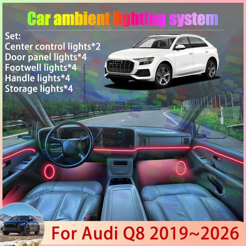 

Для Audi Q8 2019 ~ 2026 2020 2021 2/18 в 1, автомобильная атмосферная лампа, абажур RGB, ансамбль, стример, атмосферный набор, автоаксессуары
