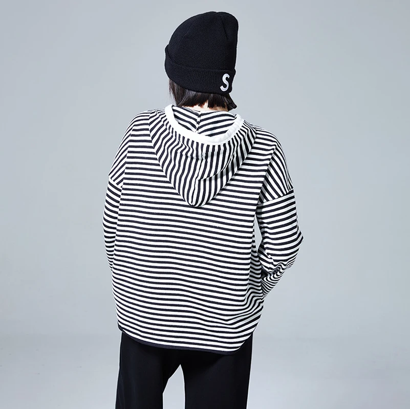 Striped Knitted Hooded Sweater Women 2022 Cotton Autumn Spring Drawstring Pullover Tops BF Style Loose Casual Homewear Hoodie