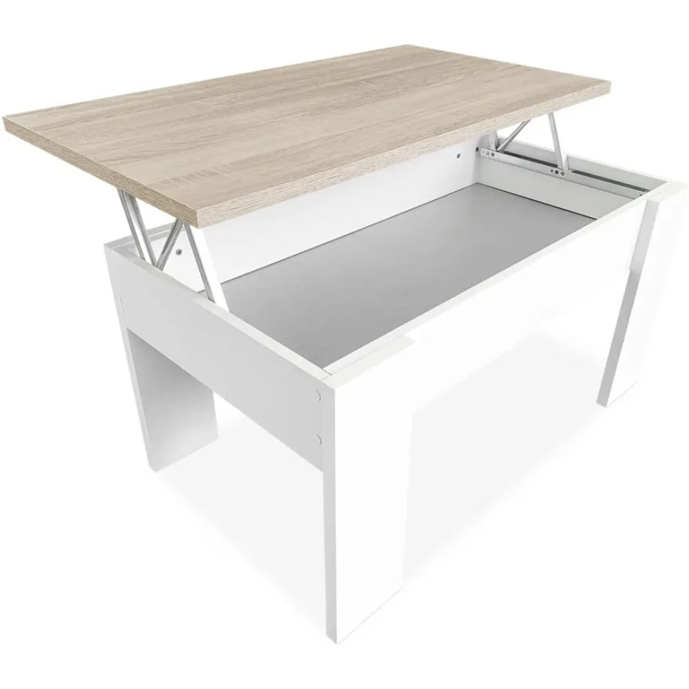 Online، Mesa Centro Elevable، Mesita de Salón Comedor، Acabado en Color Blanco con Tapa Cambria، Medidas، 90 سم (Ancho) 50 سم (F) #1