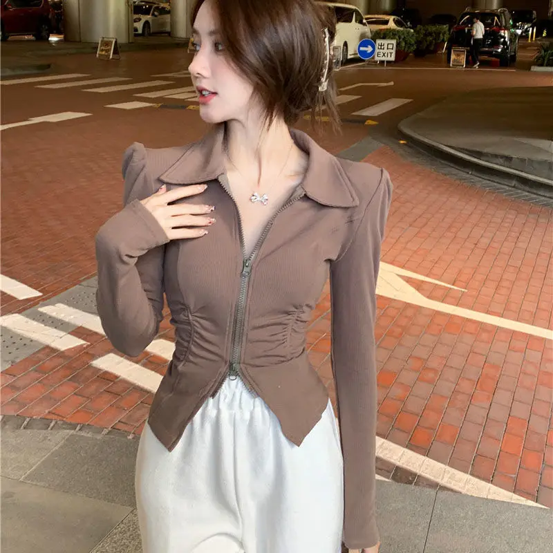 Double Zipper Jacket Women Long Sleeve Cropped Jacket Short Top Y2k Clothing Slim Streetwear Polo Neck Shirts Cardigan Korean