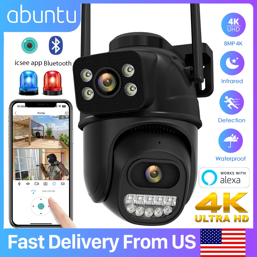 8MP 4K Wifi Surveillance Camera Outdoor Dual Lens Dual Screens Wireless Security Camera P2P Home Security Protection ICSEE APP