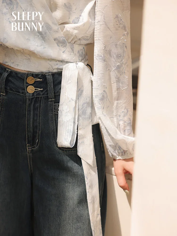Romantic Watercolor Floral Chiffon Wrap Blouse for Women Puff Sleeve V Neck Tie Waist Lightweight Summer Top for Daily Wear