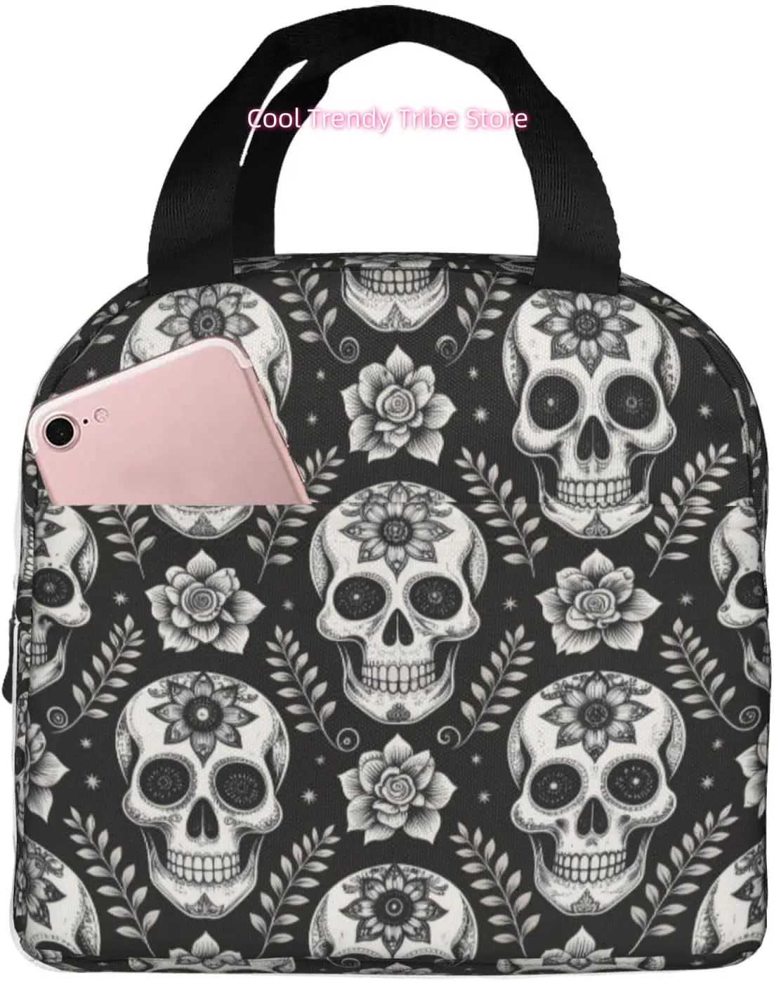 Skulls Lunch Bag for Adults Women Men, Reusable Insulated Thermal Cooler Tote with Front Pocket for Office Work Travel