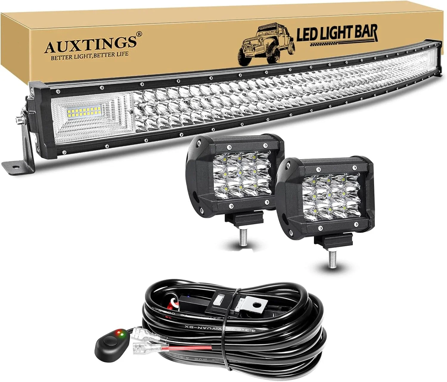 7D 22 - 52in Curved 270W-675W Off Road LED Light Bar with 2x36W Work Light Wire Kit 12V 24V Led Bar for Car Jeep Truck 4x4 Boat 