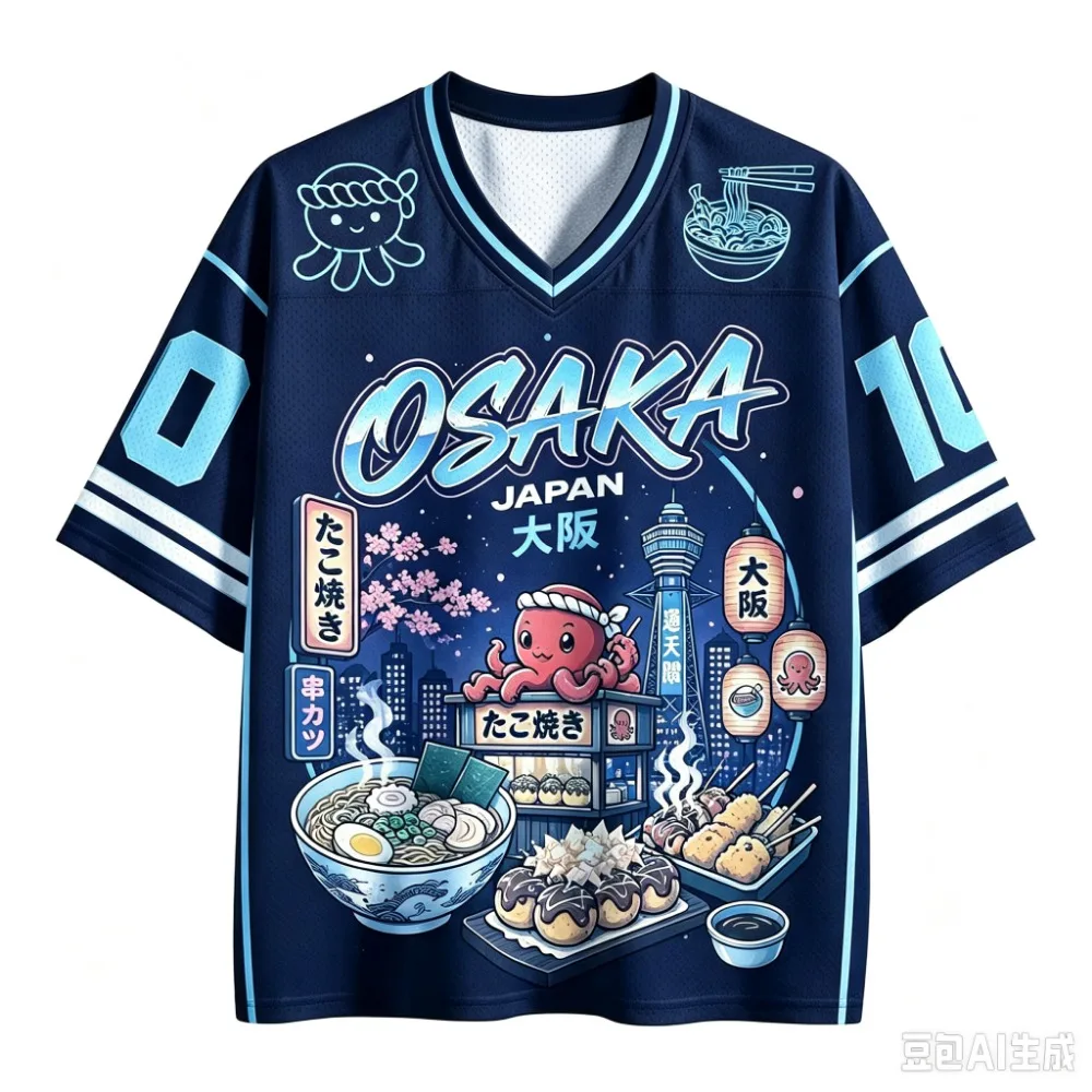 Retro Japanese Osaka Octopus Rice Balls 3D Print Sport Quick-dry Breathable Men V-neckT-Shirt Outdoor Street Casual Parent-Child