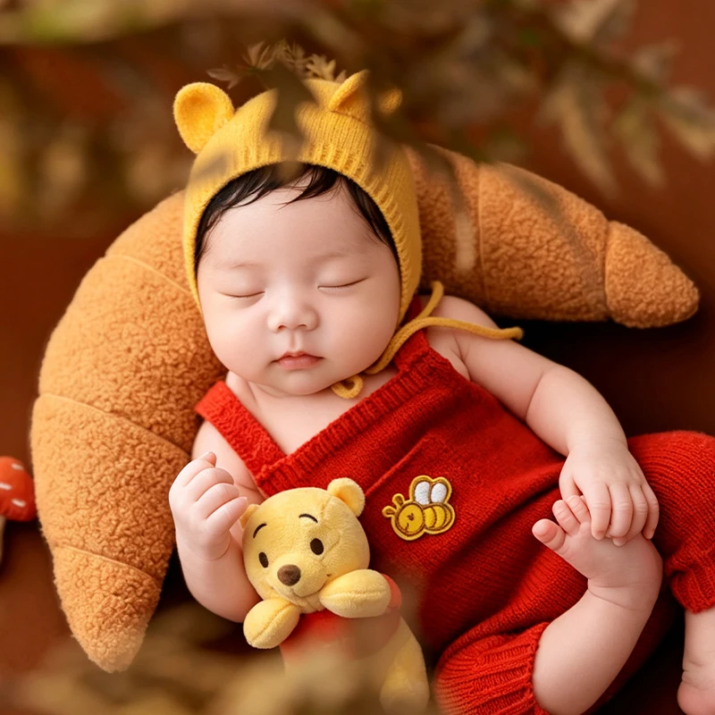 honey-bear-theme-newborn-photography-outfit-knitted-romper-with-bear-hat-set-honey-pot-props-infant-studio-photo-shoot-costume