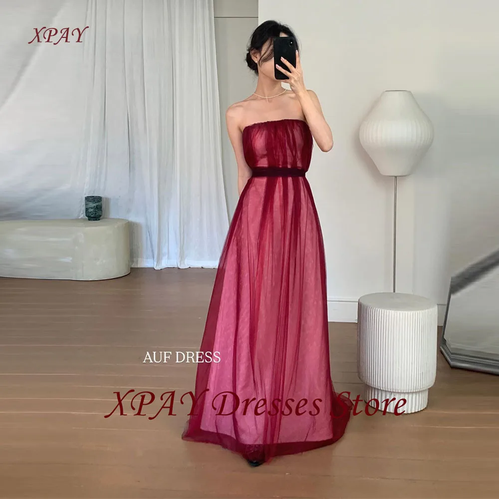 

XPAY Elegant Red Tulle Evening Dresses Korea Wedding Photo shoot Strapless Fairy Formal Party Gowns Customized Corset Back