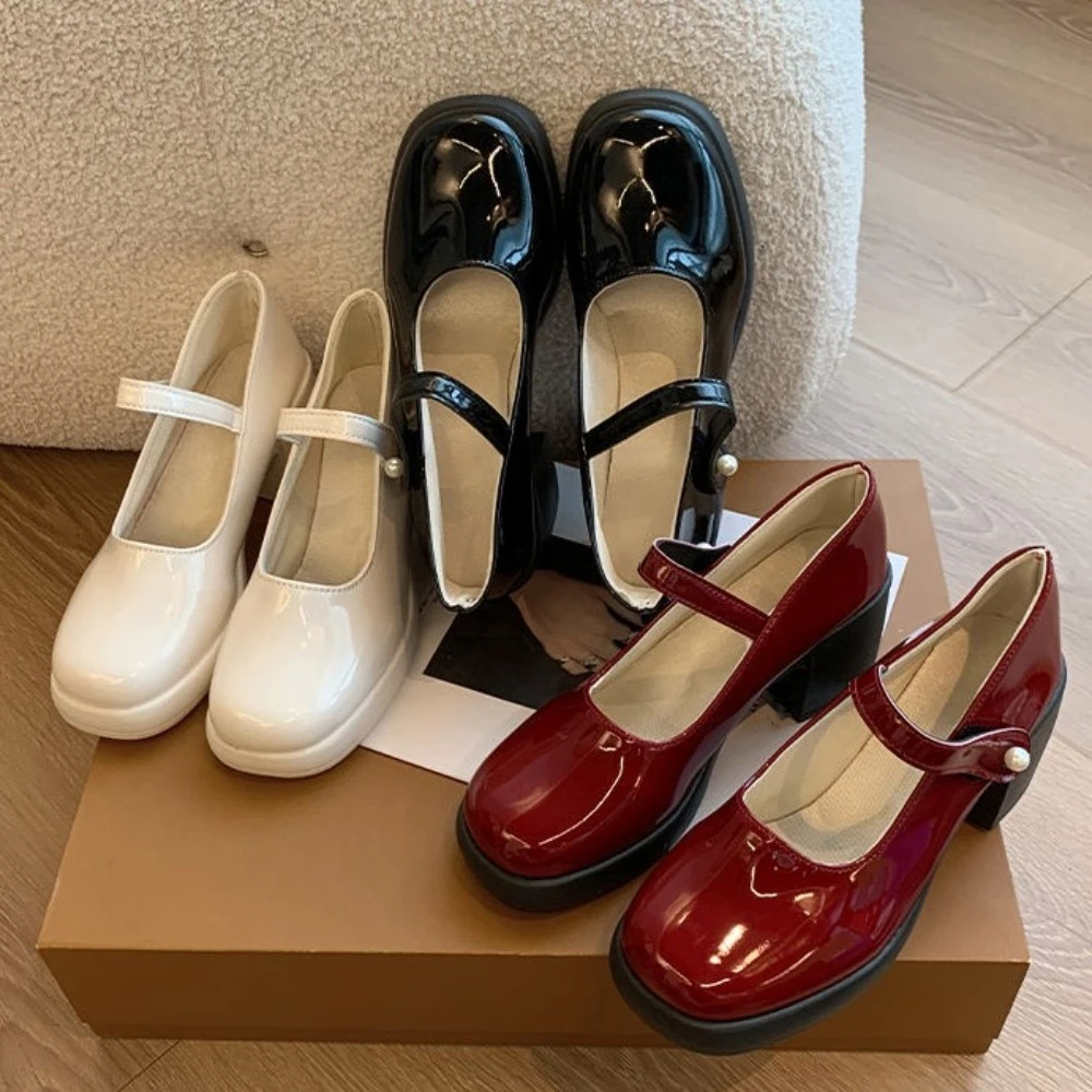 

Sweet Square Toe High Heels Shoes Ankle Buckle JK Leather Heeled Lolita Shoes Platform Pumps Solid Mary Jane Shoes Woman