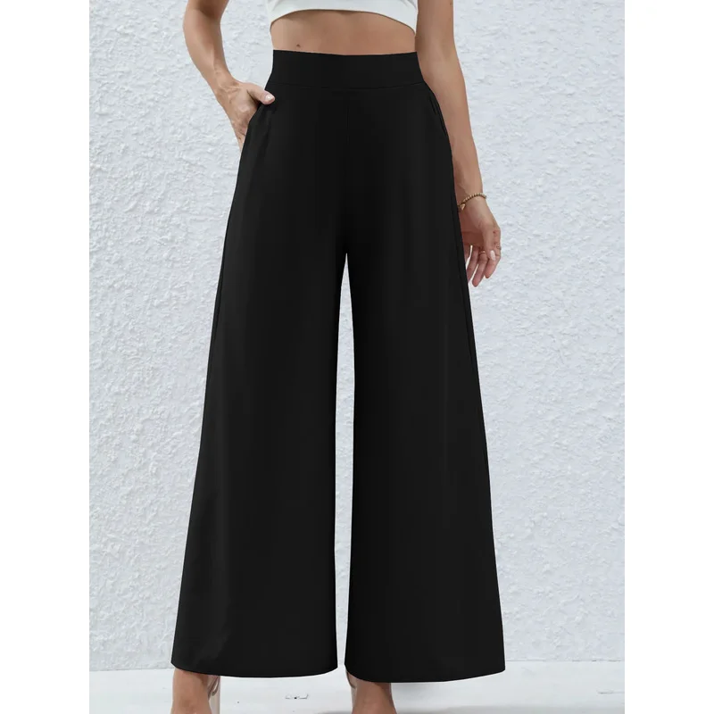 2025年シックなストレートレッグパンツ レディース ゴムウエスト 着痩せ効果 無地 ブラック デイリー オフィスウェア トラウザーズ