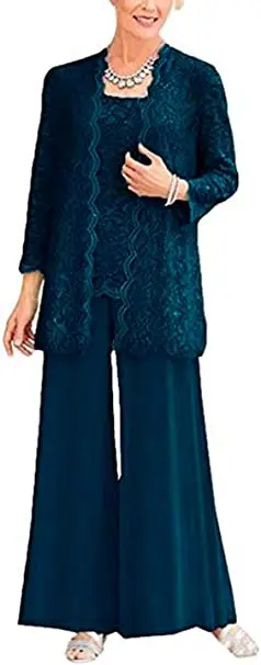 Lace Mother of the Bride Dresses 3 Pieces Long Sleeve Wedding Chiffon Pantsuit Wide Leg Pants for Elegant Evening Party Guest