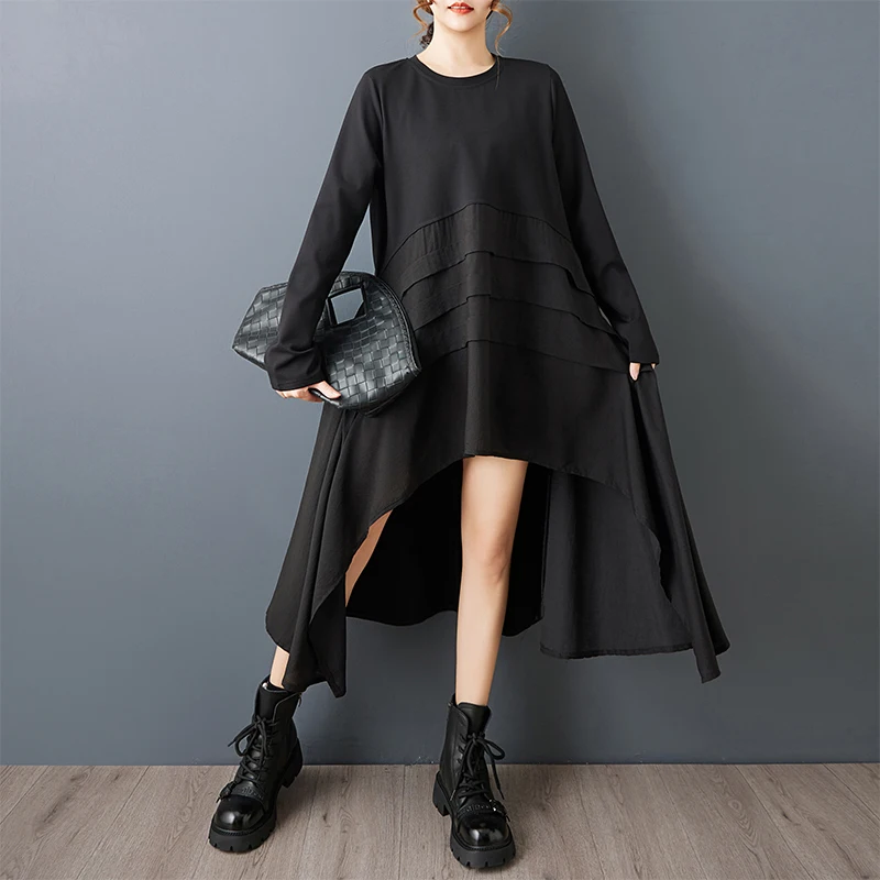 Lâche décontracté Midi Dr k Sle Patchwork rond Ne sur la longueur au genou printemps automne nouveau Sle femmes grande taille Dr