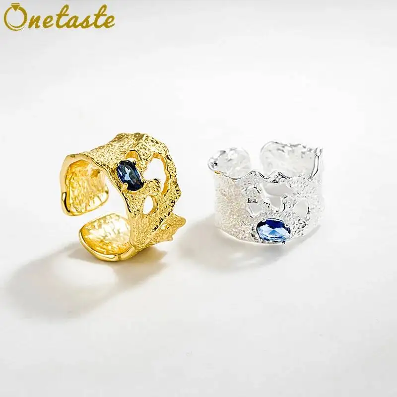 925 Sterling Silver Blue Cubic Zirconia Hammered Texture Open Adjustable Rings Women Trendy Hollow Chunky Statement Ring Gift