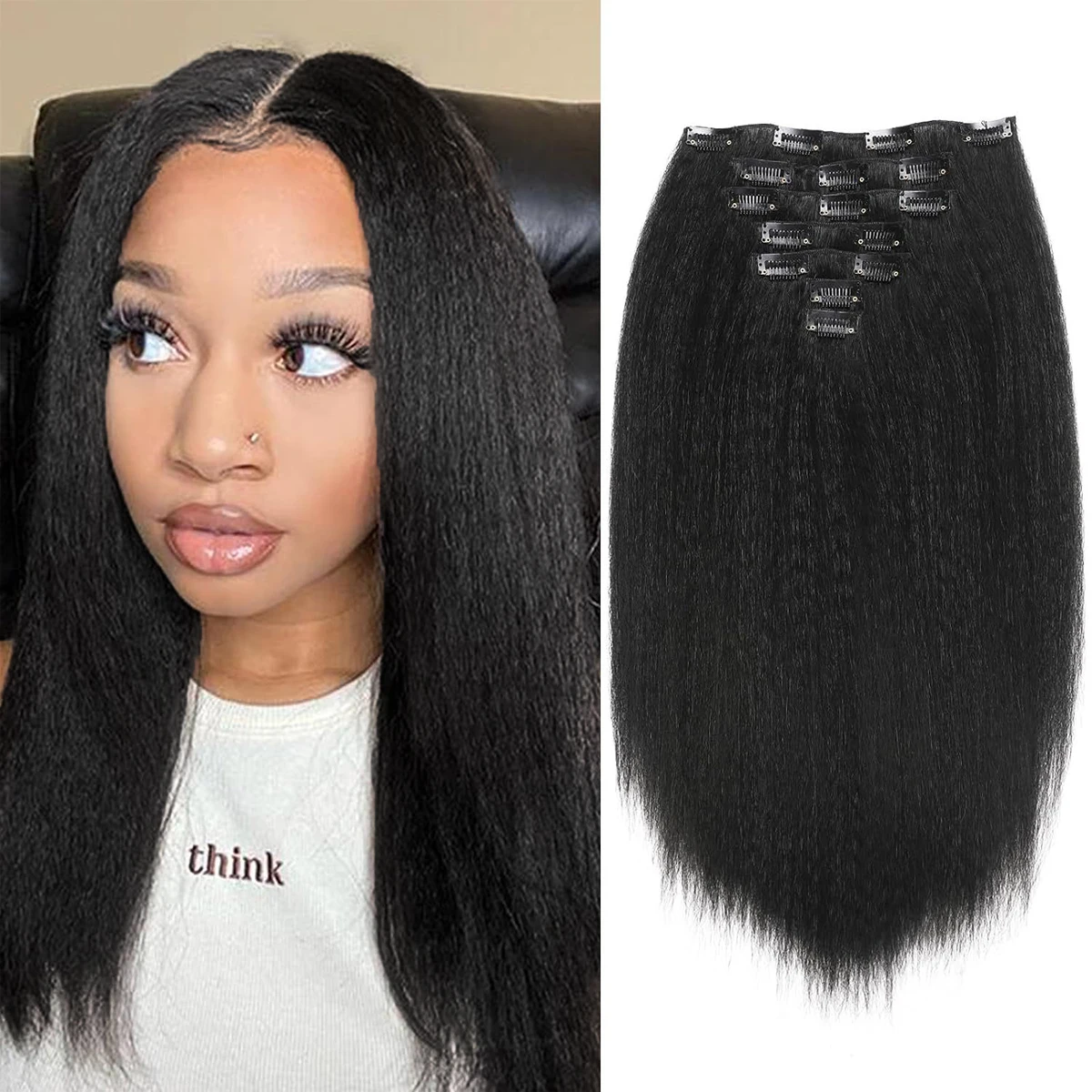 Peluca de extensión de cabello de seda Jacques sintética, clip en extensión de cabello para mujer, pieza de cabello liso, accesorios para el cabello, 7 unids/set negro