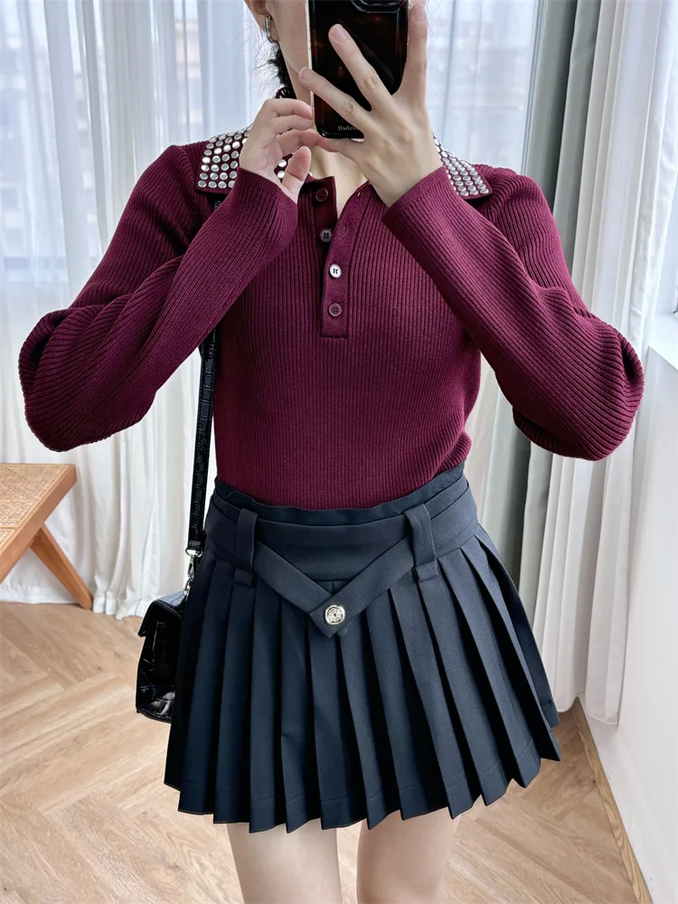 Diamond Lapel Knitted S Women Pullover Top Wine Red Polo Wool Close-fitting Long Sleeve French Business Casual Sweater