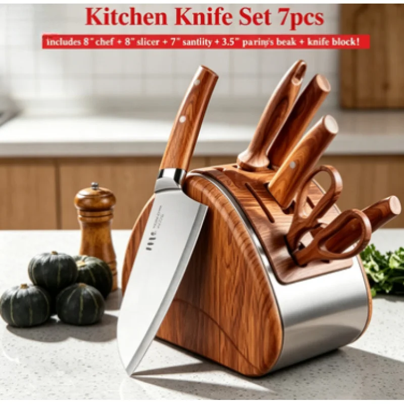 7-Piece Professional Stainless Steel Kitchen Knife Set With Storage Block Slicing Cooking Knives Kit