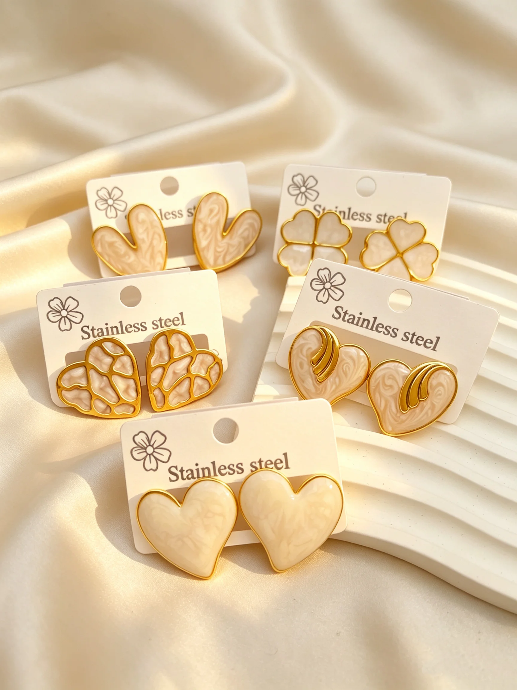 5Pairs Stainless Steel Heart Clover Earrings Set Women Korean Fashion Enamel Stud Earrings Cute Daily Jewelry Gift